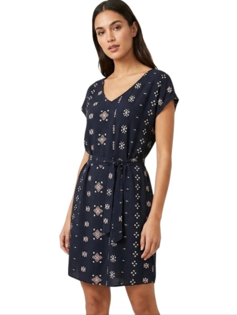 Sonoma Aztec Print Belted Vneck Mini Dress